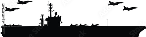 Military aircraft carrier silhouette with fighter jets launching and landing on flight deck, naval aviation warfare defense security ocean power