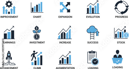 Business growth and progress icons set, financial improvement charts, investment success symbols, analytics performance indicators, modern flat vector infographic collection