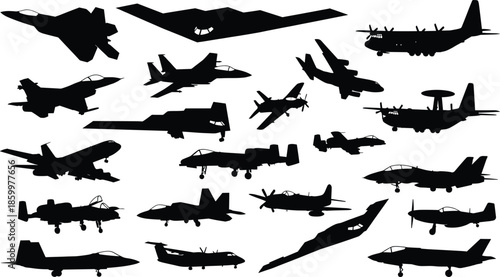Military aircraft silhouettes collection featuring fighter jets bombers transport planes stealth aviation isolated on white background defense technology set