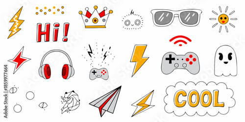 Colorful doodle set featuring lightning bolts headphones sunglasses and various emoticons