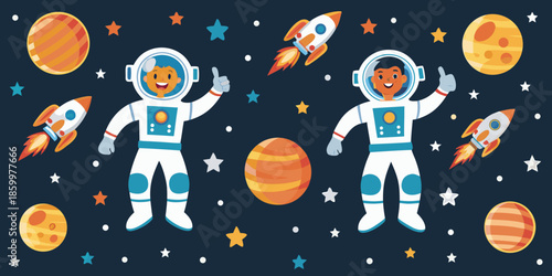 Astronauts exploring space with planets and rockets a cheerful cosmic adventure