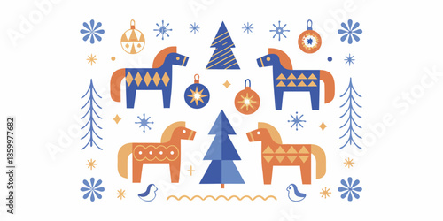Festive nordic illustration featuring wooden horses christmas trees and winter snowflakes