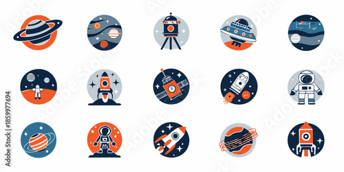 Colorful space icons depicting planets rockets astronauts and alien spacecraft