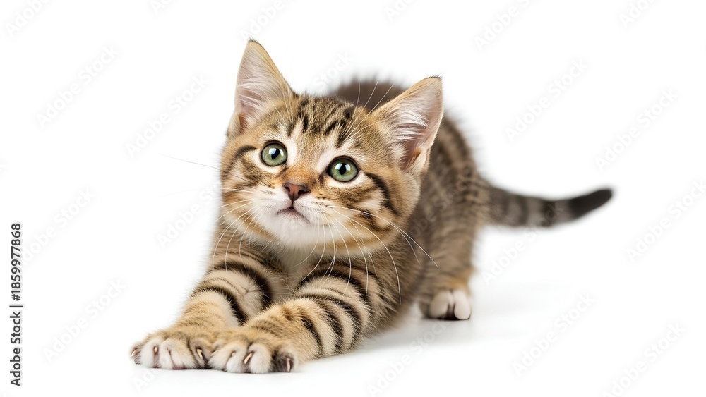Obraz premium Cute Kitten Stretching Neck While Playing Isolated Studio White