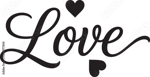 Elegant script lettering of the word Love with heart accents