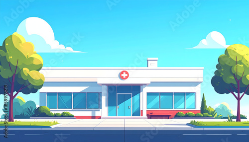 Modern hospital building with trees and street in front, illustration