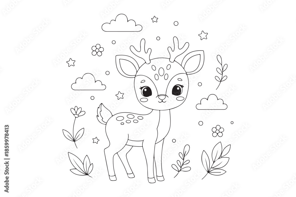 Fototapeta premium Deer realistic style coloring book, Se t of deer outline coloring page 