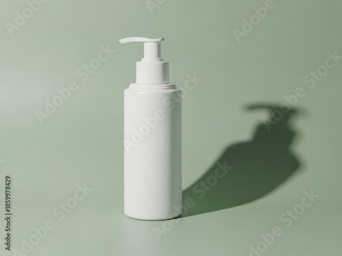 White lotion bottle mockup with long shadow against a minimal soft green background featuring a clean modern aesthetic with a single light source