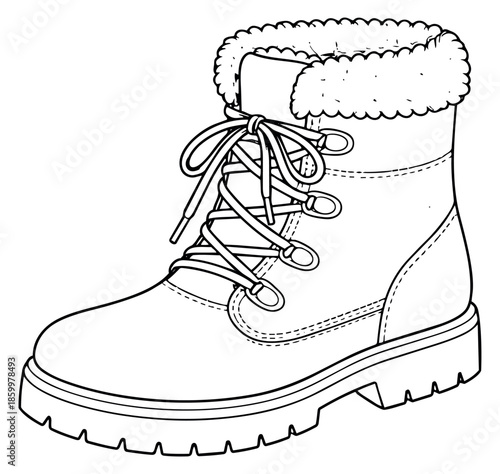 Hand drawn line art illustration of a winter boot depicting fur lining and laces for cold weather fashion