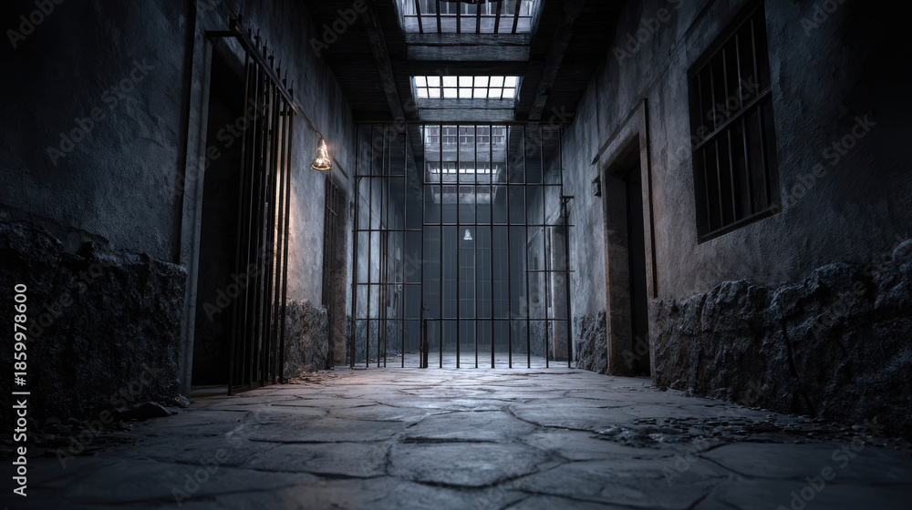 Fototapeta premium Dark and Decayed Interior of an Abandoned Prison with Stone Flooring and Metal Bars Creating a Haunting Atmosphere
