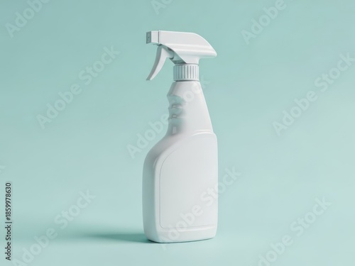 Clean white spray bottle against a pastel blue backdrop showcasing clean lines and smooth plastic simple lighting and a minimalist design