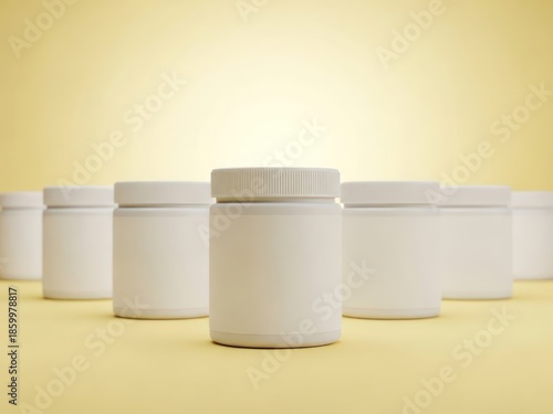 Clean white product jars arranged in a row with warm diffused lighting creating a studio shot on a pastel yellow background perfect for mockup use