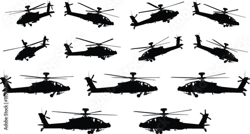 Military attack helicopter silhouettes set, Apache style combat aircraft profiles isolated on white background for defense aviation design projects branding