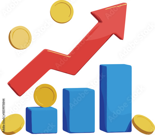 Financial growth illustration, rising bar chart with upward arrow, profit increase concept, investment success symbols, revenue and income growth vector design