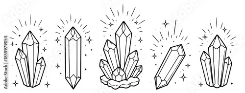 Hand drawn line art crystal set featuring glistening mineral stones and gem clusters for magic, spirituality, and healing designs
