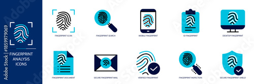 Fingerprint Analysis Blue Colored Outline Icon Set