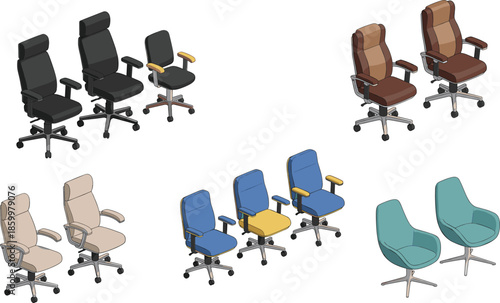 Isometric Office Chair Vector Set Showing Ergonomic Seating Designs for Workplace, Home Office, and Interior Concepts