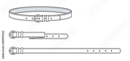 Classic Round-Buckle Belt Technical Fashion Illustration. Narrow Waist Belt with Single-Prong Circular Buckle, Belt Keeper, and Adjustment Holes. Multiple Views. Fashion Accessory. CAD Mockup.
