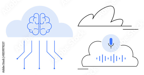 Artificial intelligence, cloud technology, machine learning, data processing, innovation, tech development. Brain and microphone within cloud shapes. AI and cloud technology concept
