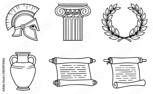 Hand drawn line art ancient greek and roman elements set featuring a helmet, column, wreath, amphora, and scrolls for history and culture designs