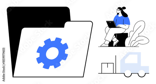 Data management concept. Highlighting digital organization with folder gear icon, logistics flow, and remote work coordination. Data management for efficiency, logistics, remote work, and services