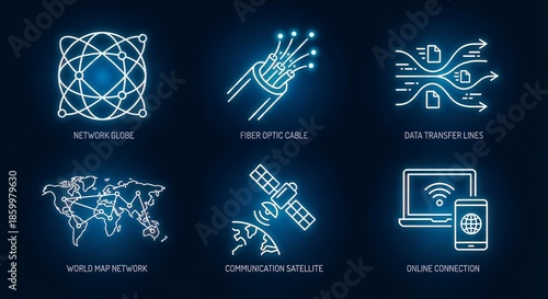 Network elements showing connections and data transfer in a digital world with maps and devices used for communication