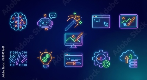 Neon icons depicting technology elements and digital tools in a colorful arrangement on a dark background