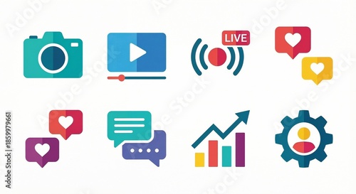 Icons representing social media activities such as video sharing, live streaming, and user interaction in digital platforms