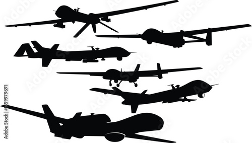Military drone aircraft silhouettes set unmanned aerial vehicles flying collection modern warfare surveillance defense aviation technology combat security intelligence reconnaissance