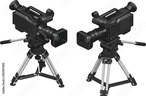 Isometric Professional Video Camera on Tripod Vector Illustration for Filmmaking, Broadcasting, Media Production Concepts