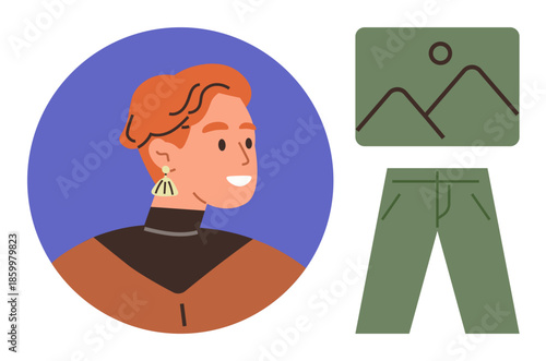 Person with red hairstyle and bold earring beside a landscape art piece and casual green pants. Ideal for art, design, fashion, creativity, personal style, modern aesthetics, and individuality