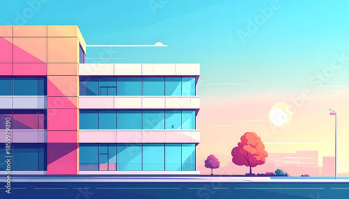 Modern Office Building Exterior in a Vibrant Sunset Cityscape