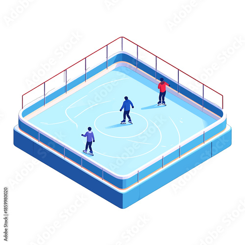 Three figures ice skating on a blue and white ice rink with red fencing and white background isometric view winter activity