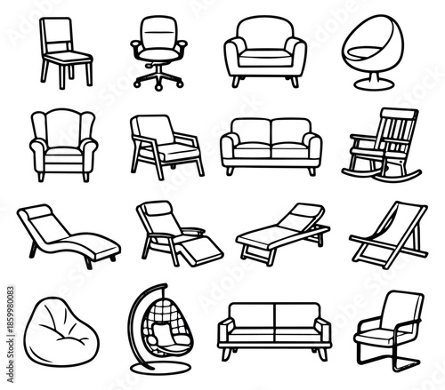 Hand drawn furniture set featuring different types of seating for home and office spaces