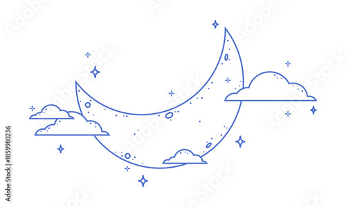 Cute landscape sky star sparkle clouds with half moon illustration vector