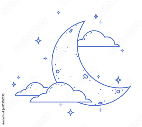 Sky weather clouds with half moon doodle line illustration vector