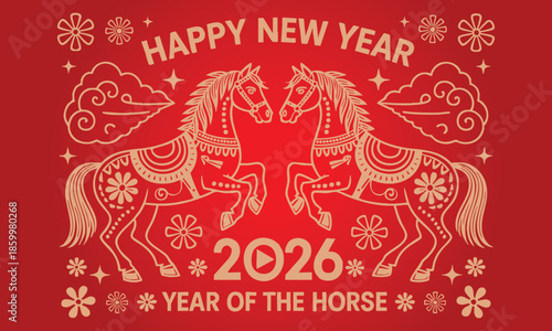2026 Lunar New Year: Year of the Horse Greeting, Red and Gold Happy New Year 2026 Illustration with Horses, Traditional Style Year of the Horse Graphic Design, silhouette, illustration, vector.