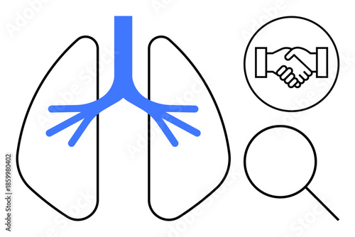 Lungs concept. Abstract depiction of lungs with symbols of collaboration and magnification, emphasizing teamwork and respiratory health analysis. Useful for healthcare, science, teamwork
