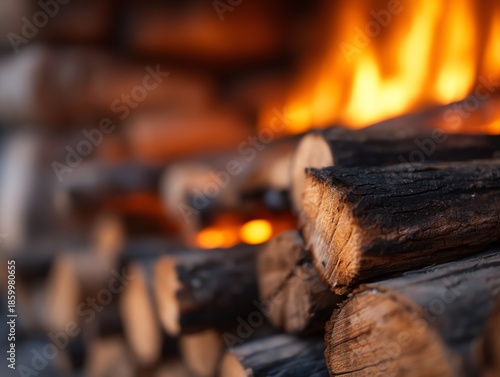 Cabin fireplace close-up, logs crackling and soft orange glow