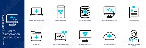 Health Information Systems Blue Colored Outline Icon Set