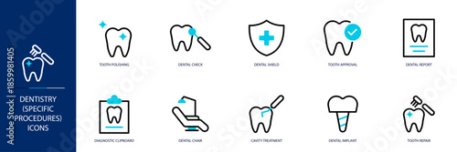 Dentistry (Specific Procedures) Blue Colored Outline Icon Set