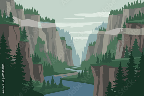 Scenic mountain landscape with green forests, calm water, and clouds reflecting in a peaceful valley view