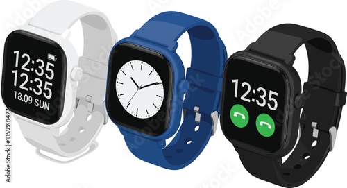 Isometric Smartwatch Vector Set Showing Digital and Analog Displays for Wearable Technology, Fitness Tracking, and Smart Devices