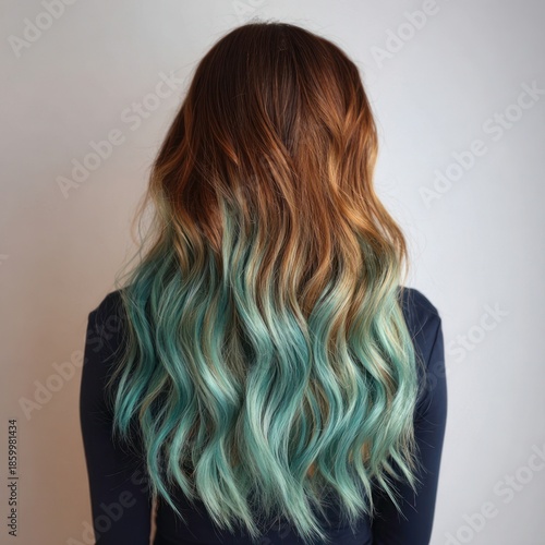beautiful girl with gold and sky blue long hair