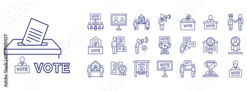 Collection of various voting-related icons and symbols in blue