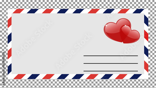 Valentines day envelope with red hearts on a checkered background