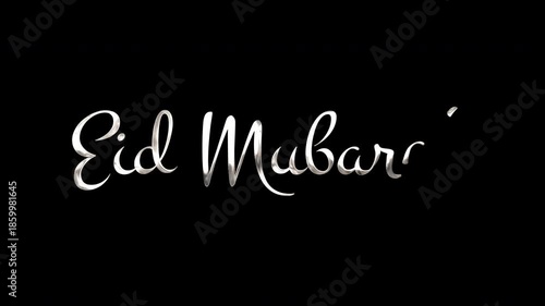 Text eid mubarak in silver on a black background. Ideal for social media posts, greeting cards, website banners, festive promotions.