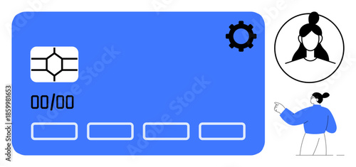 Digital identity, online security, financial transactions, authentication, user information, and fintech. Blue chip card with avatar and user pointing. Digital identity and authentication concept