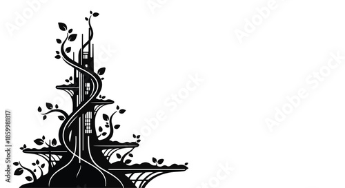 Futuristic organic tower entwined with lush foliage, a symbol of sustainable innovation.