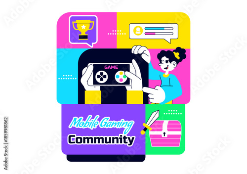 Mobile Gaming Community Vector Illustration Showing Online Players Interaction, Esports Teamwork, And Digital Entertainment Network in a Background